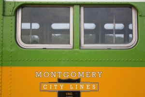 the actual bus from which Rosa Parks declined to give up her seat. A green and yellow bus with the words "Montgomery City Lines" written on it.